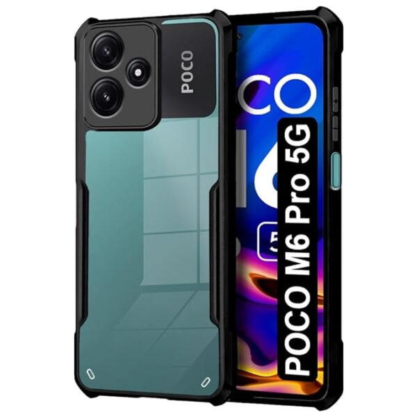 SNP-Shock Proof Clear Polycarbonate Protective Back Case For Mi Redmi 12 5G|Poco M6 Pro 5G - Airedge Technology|360 Degree Camera Protection|Transparent Hybrid Back Case Mobile Cover - Black