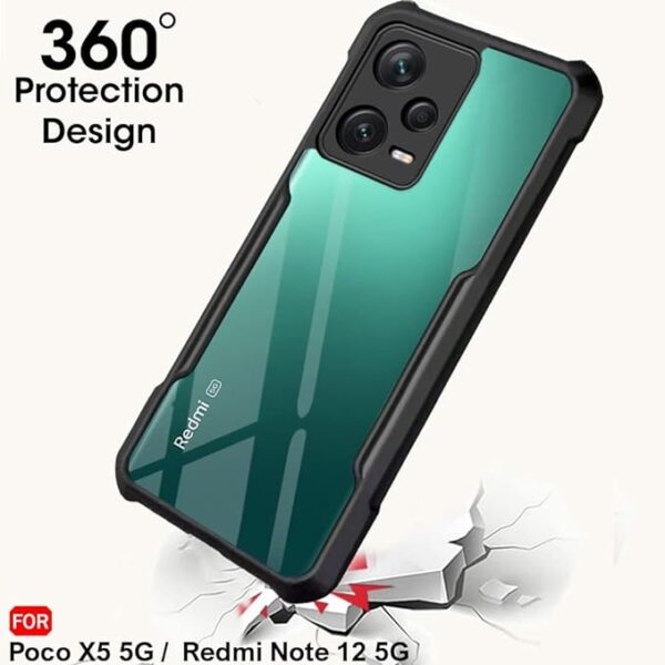 SNP- Shockproof Crystal Clear Back Cover Case for Poco X5 5G / Mi Redmi Note 12 5G | 360 Degree Protection | Protective Design | Transparent Back Cover Case (PC & TPU | Black Bumper) - Image 3