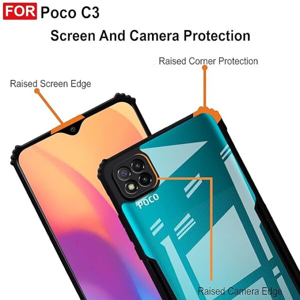 SNP- Back Cover Case for Mi Poco C3 (PC & TPU/Shockproof/Crystal Clear/Transparent/Black Bumper) - Image 5