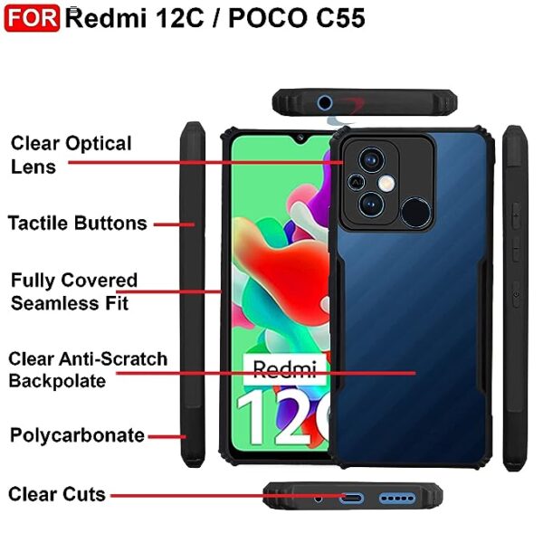 SNP- Redmi 12C / Poco C55 (4G) Back Case Cover | Camera Protection Shockproof Bumper-Edge | Acrylic Crystal Clear 360 Degree Protection TPU+PC | Transparent Eagle Back Case Cover (Black) - Image 6