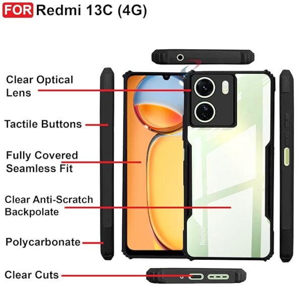 SNP-Back Cover Case for Mi Redmi 13C 4G / Poco C65 | 360 Degree Protection | Shock Proof Design | Transparent Back Cover Case for Redmi 13C / Poco C65 (PC & TPU, Black Bumper) - Image 6