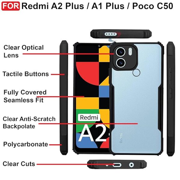 SNP-Poco C51 / Redmi A1 Plus/Redmi A2 Plus/Poco C50 Back Cover | Crystal Clear Transparent Back | Ultra Hybrid | Full Camera Protection | Raised Edge | Bumper Back Case (Black) - Image 6