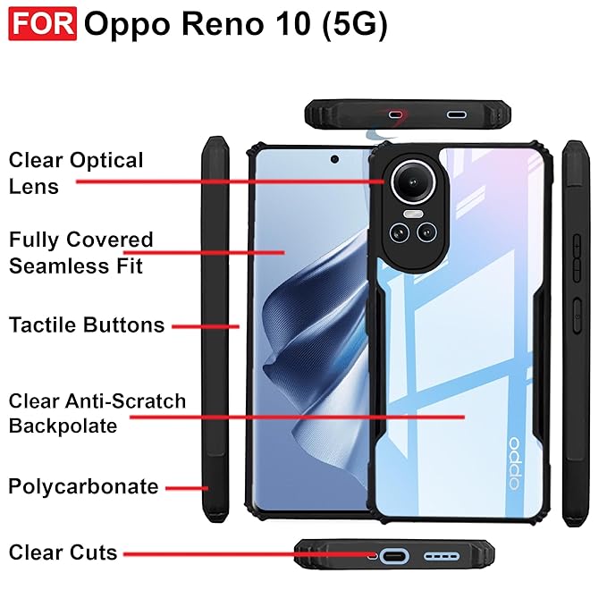 SNP-Back Cover for Oppo Reno 10 5G | Crystal Clear Transparent Back | Ultra Hyrbid | Full Camera Protection | Raised Edge | Bumper Cover (Black) - Image 6