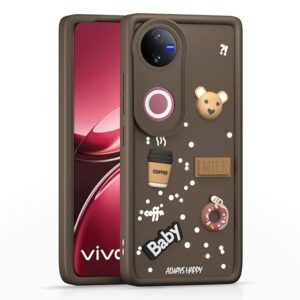 SNP-  Coffee Theme Back Cover for Vivo V50 5G / V50e 5G / T4R 5G / iQOO Z10R 5G | Cute 3D Coffee Mug & Smile Design | Anti-Slip Matte Finish | Shockproof & Lightweight Case – Brown