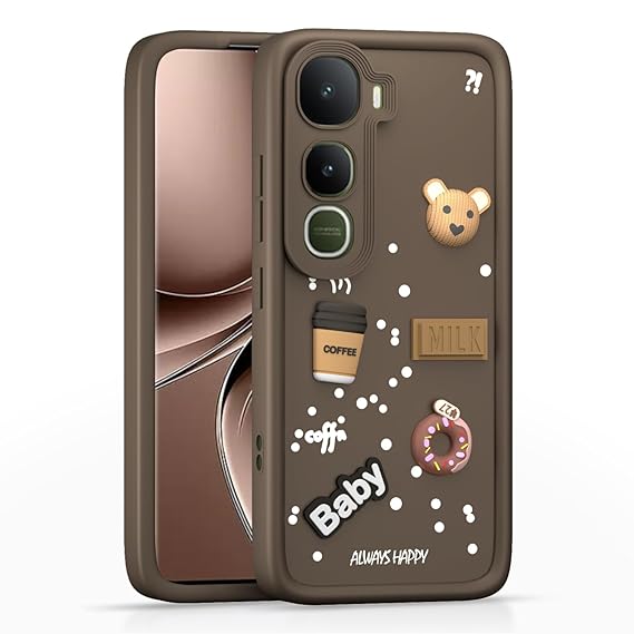 SNP- Back Cover for Vivo Y400 5G | 3D Bear Silicone Cute & Fun Coffee Cartoon | Full Body Protection Bumper Case BROWN