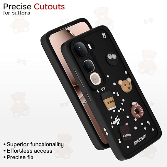 SNP- Back Cover for Vivo Y400 5G | 3D Bear Silicone Cute & Fun Coffee Cartoon | Full Body Protection Bumper Case BLACK - Image 4