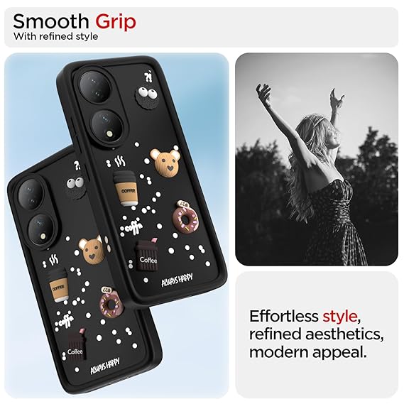 SNP- Coffee Case for Vivo Y100 5G / Vivo T2 5G | Cute 3D Cartoon Ball Design | Soft Silicone Back Cover for Vivo Y100 5G / Vivo T2 5G | Full Body & Camera Protection | BLACK - Image 2