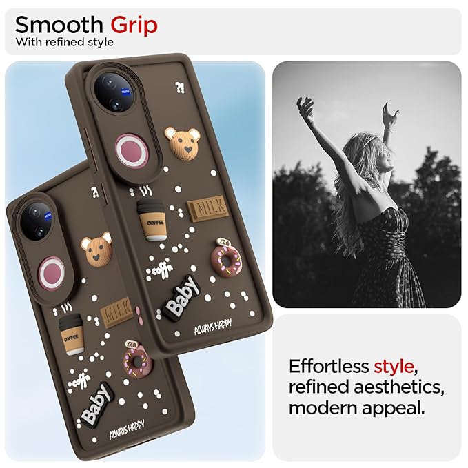 SNP- Coffee Theme Back Cover for Vivo V50 5G / V50e 5G / T4R 5G / iQOO Z10R 5G | Cute 3D Coffee Mug & Smile Design | Anti-Slip Matte Finish | Shockproof & Lightweight Case – Brown - Image 2