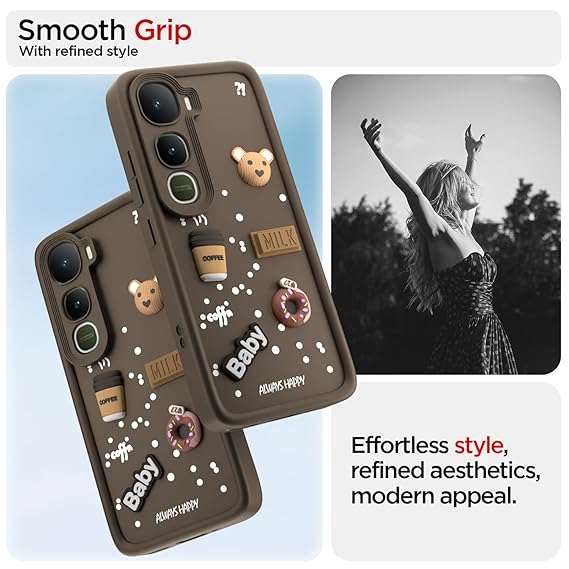 SNP- Back Cover for Vivo Y400 5G | 3D Bear Silicone Cute & Fun Coffee Cartoon | Full Body Protection Bumper Case BROWN - Image 2