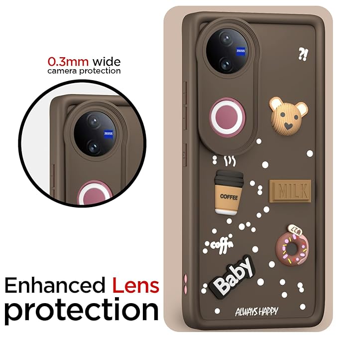 SNP- Coffee Theme Back Cover for Vivo V50 5G / V50e 5G / T4R 5G / iQOO Z10R 5G | Cute 3D Coffee Mug & Smile Design | Anti-Slip Matte Finish | Shockproof & Lightweight Case – Brown - Image 4