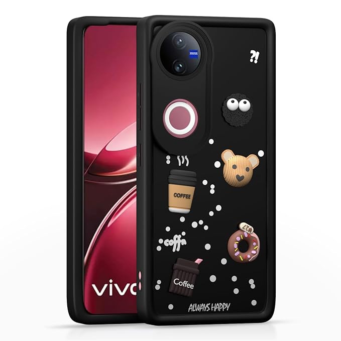 SNP- Coffee Theme Back Cover for Vivo V50 5G / V50e 5G / T4R 5G / iQOO Z10R 5G | Cute 3D Coffee Mug & Smile Design | Anti-Slip Matte Finish | Shockproof & Lightweight Case – BLACK