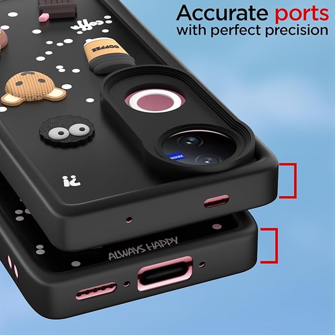 SNP- Coffee Theme Back Cover for Vivo V50 5G / V50e 5G / T4R 5G / iQOO Z10R 5G | Cute 3D Coffee Mug & Smile Design | Anti-Slip Matte Finish | Shockproof & Lightweight Case – BLACK - Image 2