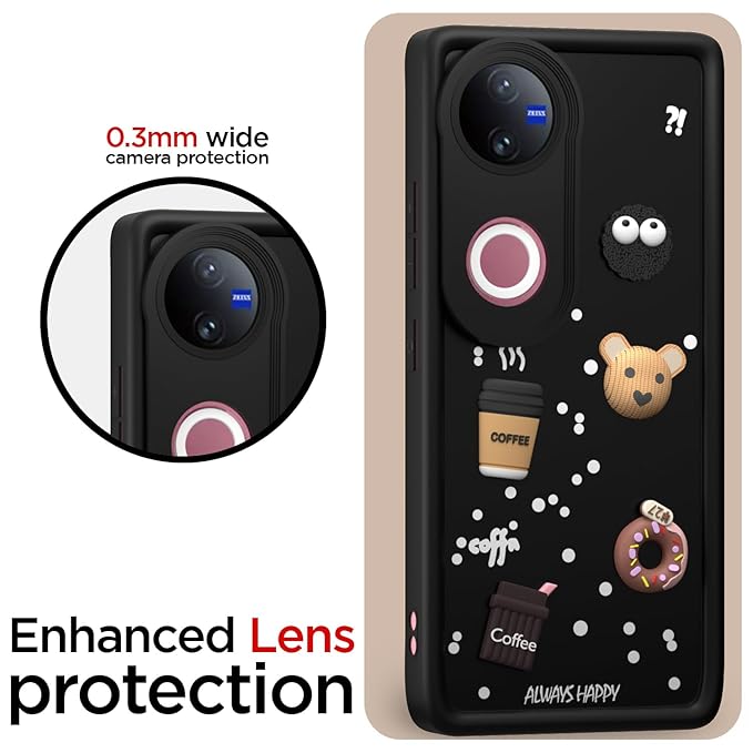 SNP- Coffee Theme Back Cover for Vivo V50 5G / V50e 5G / T4R 5G / iQOO Z10R 5G | Cute 3D Coffee Mug & Smile Design | Anti-Slip Matte Finish | Shockproof & Lightweight Case – BLACK - Image 3