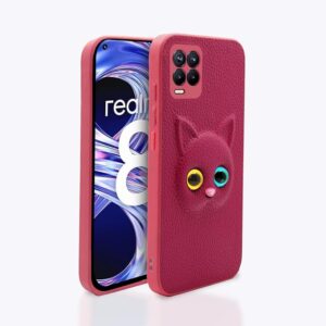 SNP- Realme 8 4G / Realme 8 Pro Back Cover for Girls | Cute Cat Leather Finish | Soft TPU | Case for Realme 8 4G / Realme 8 Pro (Pink)