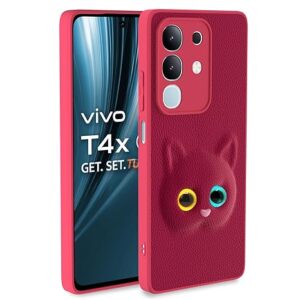 SNP-  Back Cover for Vivo T4x 5G / iQoo Z10x 5G / Vivo Y31 Pro 5G | Cute Cat Leather Finish | Soft TPU | Bumper Case for Girls (Pink)