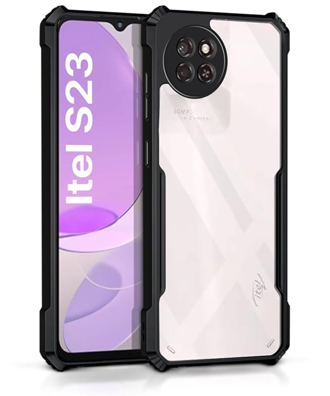 SNP- Shock Proof Clear Back Case Mobile Cover for Itel S23 (Hard | Hybrid PC + TPU | Full Armour Device & Camera Protection | Black)