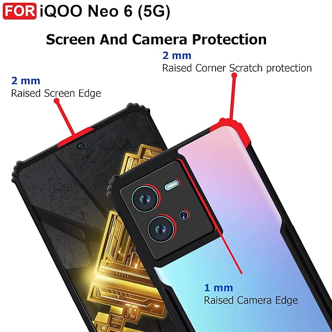 SNP- Backcover for iQOO Neo 6 (5G) | Camera Protection Shockproof Bumper-Edge | Acrylic Crystal Clear 360 Degree Protection TPU+PC | Transparent Eagle Back Case Cover (Black) - Image 4