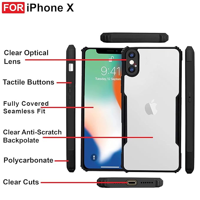 SNP- Backcover for iPhone X/XS (4G) | Camera Protection Shockproof Bumper-Edge | Acrylic Crystal Clear 360 Degree Protection TPU+PC | Transparent Eagle Back Case Cover (Black) - Image 5