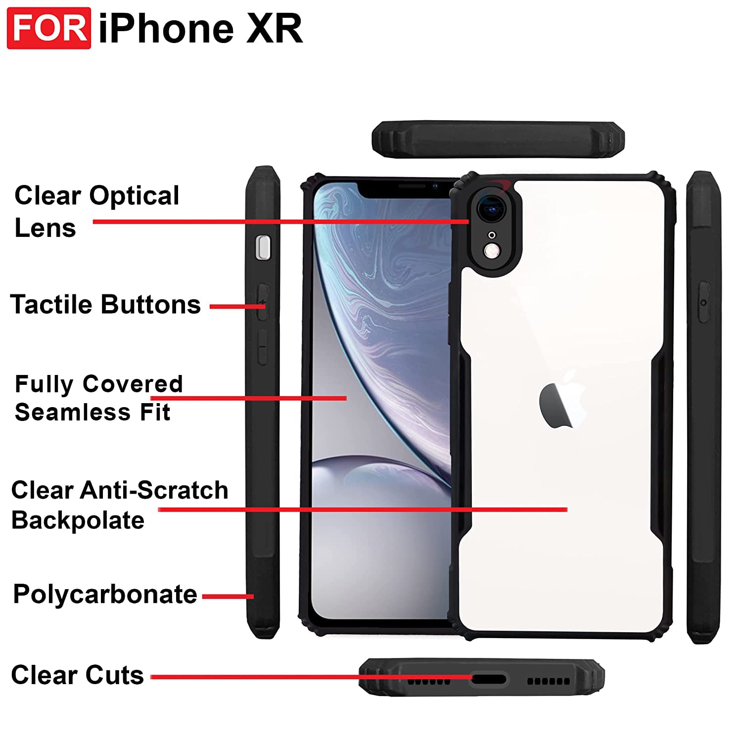 SNP- Backcover for iPhone XR (4G) | Camera Protection Shockproof Bumper-Edge | Acrylic Crystal Clear 360 Degree Protection TPU+PC | Transparent Eagle Back Case Cover (Black) - Image 5