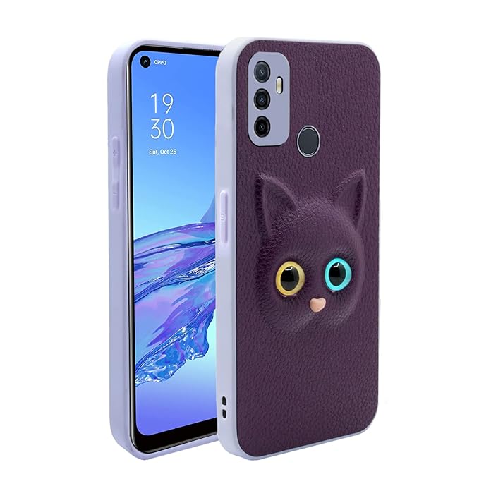 SNP- Oppo A53 Back Cover for Girls | Cute Cat Leather Finish | Soft TPU | Case for Oppo A53 (PURPLE)
