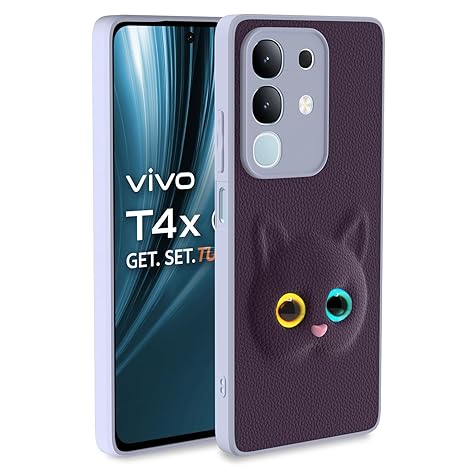 Back Cover for Vivo T4x 5G / iQoo Z10x 5G / Vivo Y31 Pro 5G | Cute Cat Leather Finish | Soft TPU | Bumper Case for Girls (PURPLE)