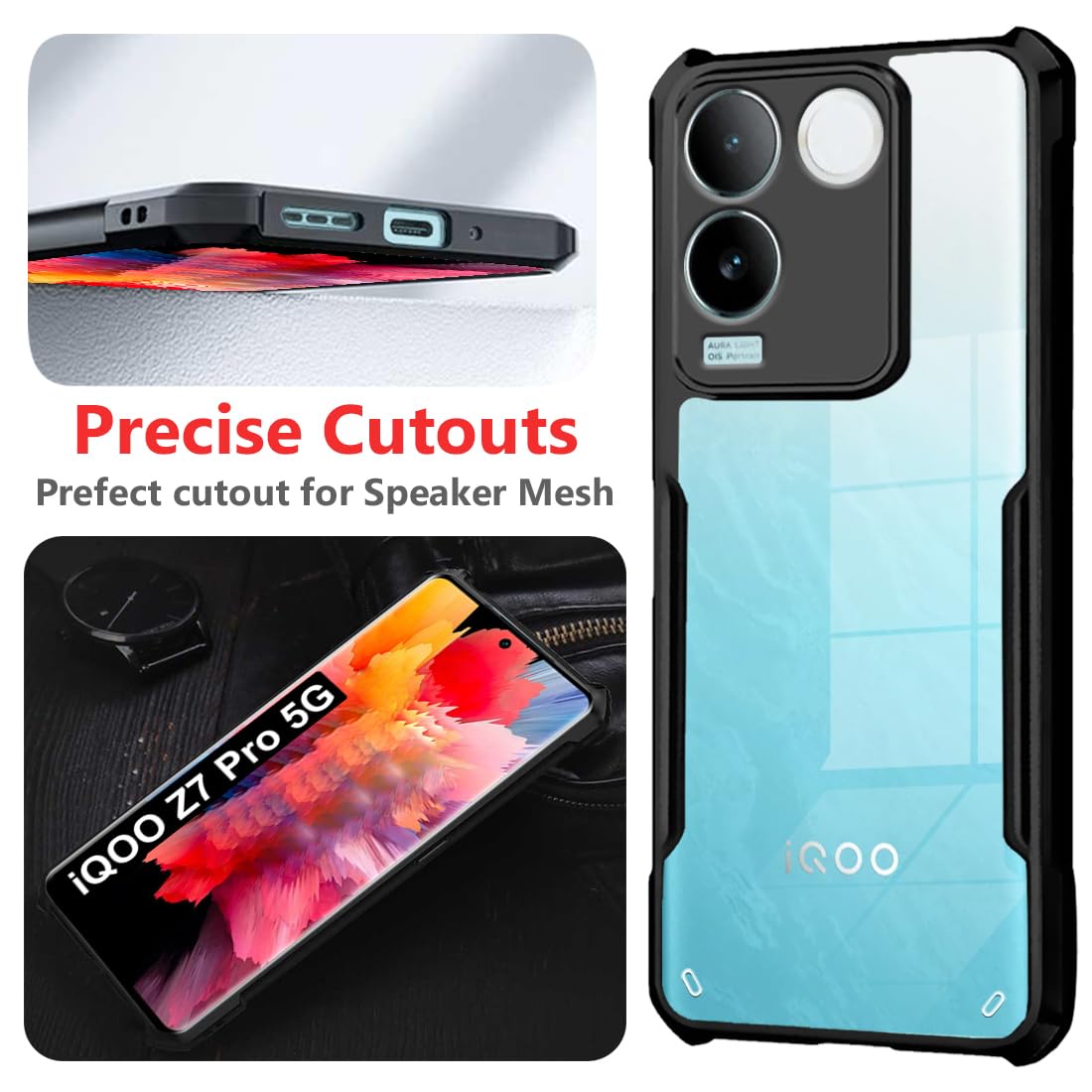 SNP- Backcover for iQOO Z7 Pro/Vivo T2 Pro (5G) | Camera Protection Shockproof Bumper-Edge | Acrylic Crystal Clear 360 Degree Protection TPU+PC | Transparent Eagle Back Case Cover (Black) - Image 3