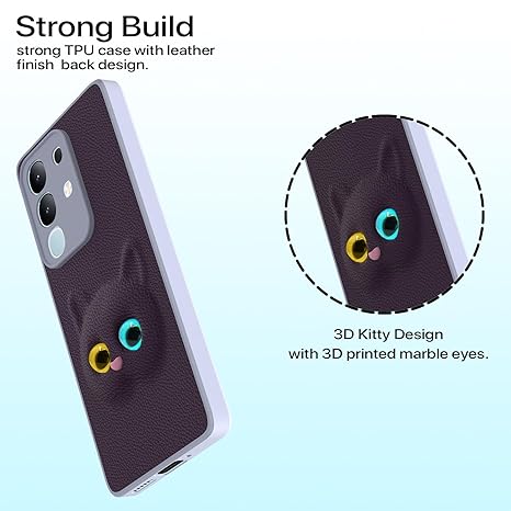 Back Cover for Vivo T4x 5G / iQoo Z10x 5G / Vivo Y31 Pro 5G | Cute Cat Leather Finish | Soft TPU | Bumper Case for Girls (PURPLE) - Image 3
