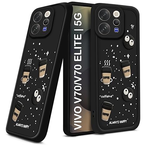 SNP- Coffee Case for Vivo V70 / V70 Elite 5G | Cute 3D Cartoon Ball Design | Soft Silicone Back Cover for Vivo V70 / V70 Elite 5G | Full Body & Camera Protection | Black