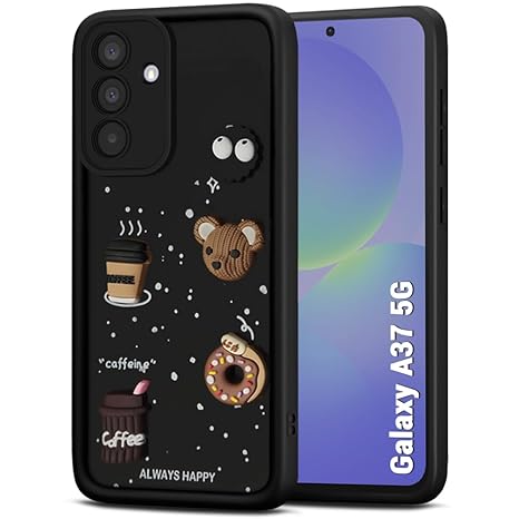SNP- Back Cover Case for Samsung Galaxy A37 5G | Cute Fun Cartoon 3D Bear Coffee Case | Full Camera Protection | Shockproof Back Cover Case for Samsung Galaxy A37 5G (Silicone, Black)
