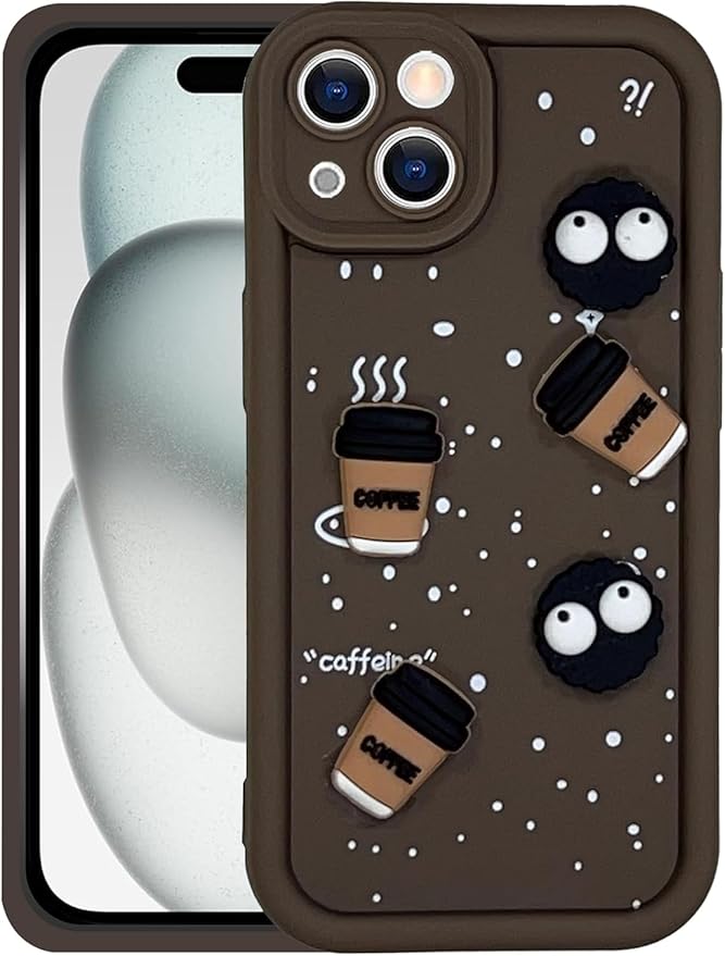 SNP- Back Case Cover Compatible for iPhone 15 | Cute Fun Cartoon 3D Ball Coffee Silicone Case | Body Protection | Camera Protection | Shock Proof (BROWN)