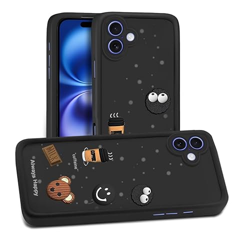 SNP- Back Case Cover Compatible for iPhone 16 | Cute Fun Cartoon 3D Ball Coffee Silicone Case | Body Protection | Camera Protection | Shock Proof (BLACK)