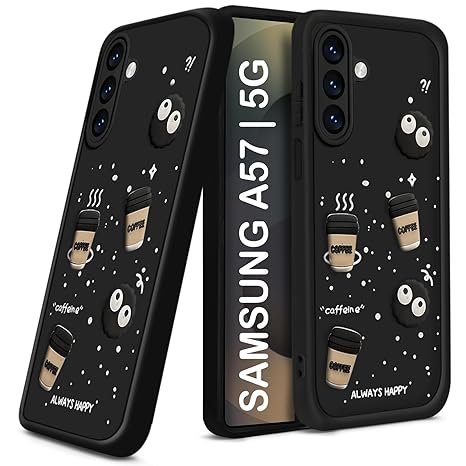 SNP- Back Cover Case for Samsung Galaxy A57 5G | Cute Fun Cartoon 3D Bear Coffee Case | Full Camera Protection | Shockproof Back Cover Case for Samsung Galaxy A37 5G (Silicone, BLACK)