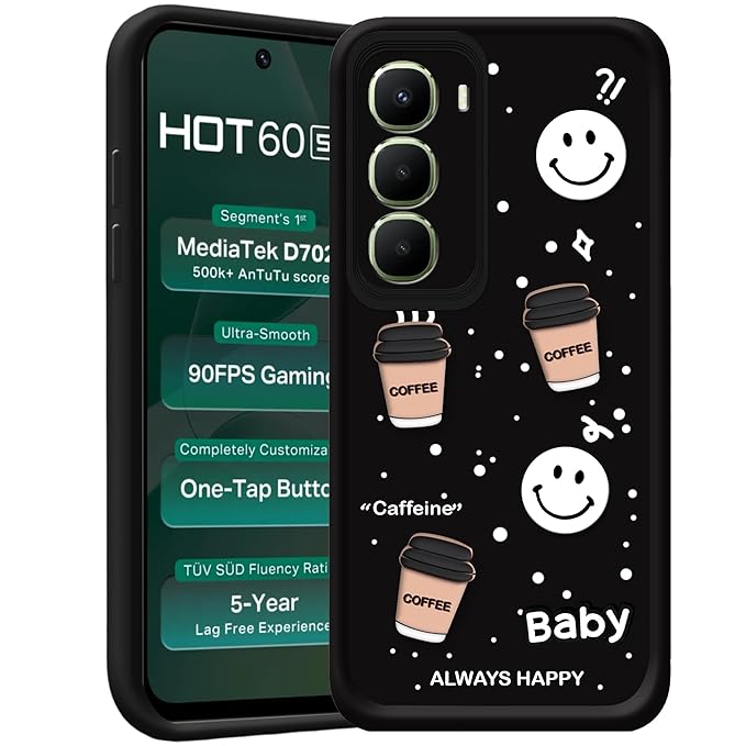 SNP- Back Cover Case for Infinix Hot 60 5G | Cute Fun 3D Cartoon, Coffee Design Silicone Case | Camera Protection Bump | Shockproof Back Cover for Infinix Hot 60 5G (Coffe Mug Black)