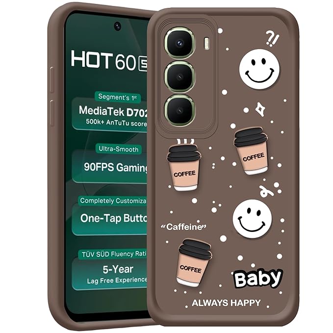 SNP- Back Cover Case for Infinix Hot 60 5G | Cute Fun 3D Cartoon, Coffee Design Silicone Case | Camera Protection Bump | Shockproof Back Cover for Infinix Hot 60 5G (Coffe Mug BROWN)